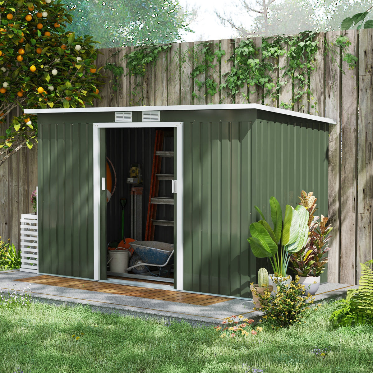 Abri de Jardin 3,6 m² Remise à Outils avec kit de fondation en Acier galvanisé avec Portes coulissantes Vert clair-1