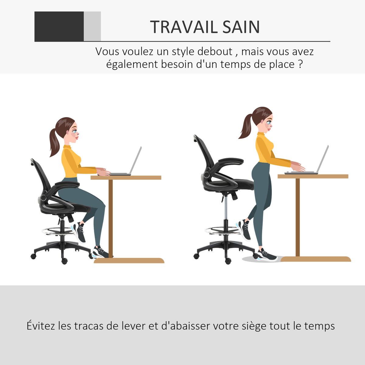 Chaise bureau ergonomique, fauteuil de bureau avec repose-pieds, chaise de dessin à dossier en maille, hauteur réglable, accoudoirs, assise rembourrée et pivotante 360°, noir-4