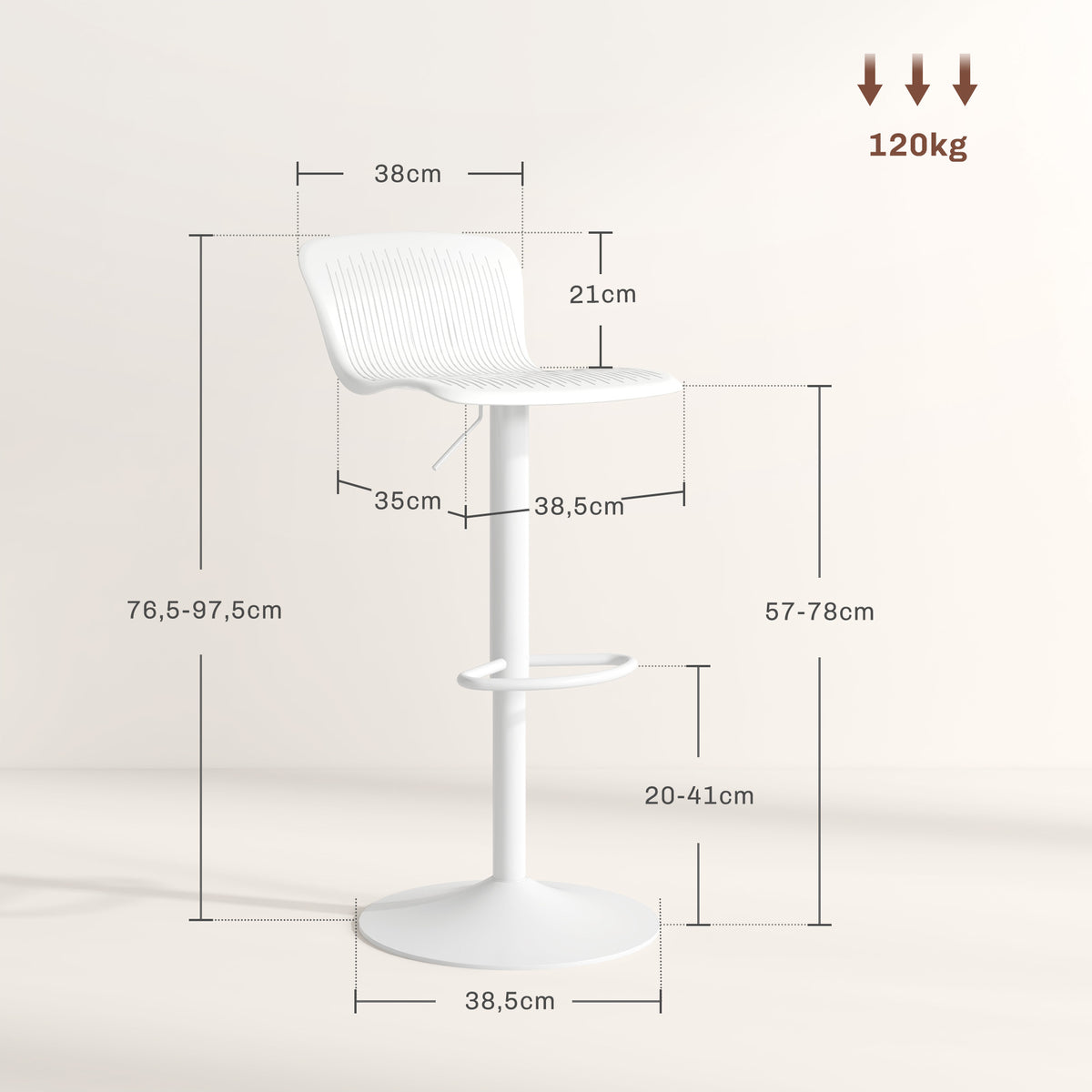 Lot de 2 tabourets de bar, chaises de bar réglable en hauteur, dossier et repose-pieds, 38,5x40x76,5-97,5cm, blanc-2