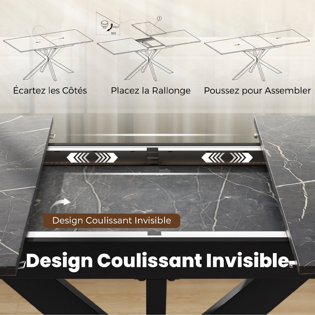 Table à Manger Extensible pour 4 à 8 Personnes, 120-160 cm, Plateau Effet Marbre, Pieds Croisés en Acier, Noir-4