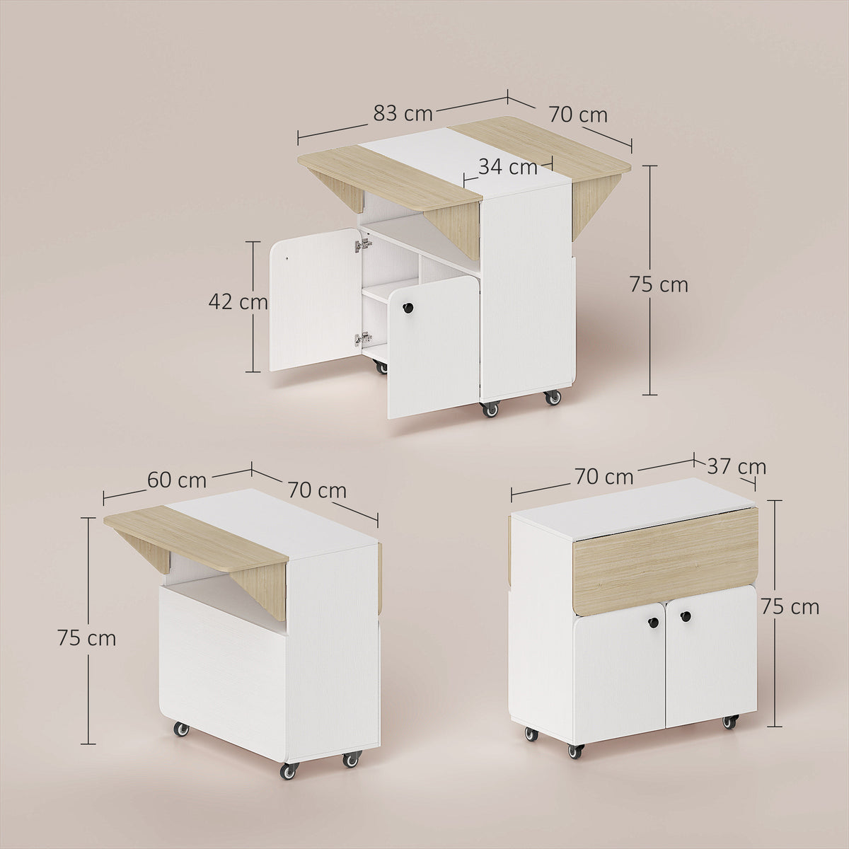 Table à manger pliante sur roulettes, table de cuisine 4 personnes, 2 abattants, étagère, placard, 70x83x75cm, blanc-2