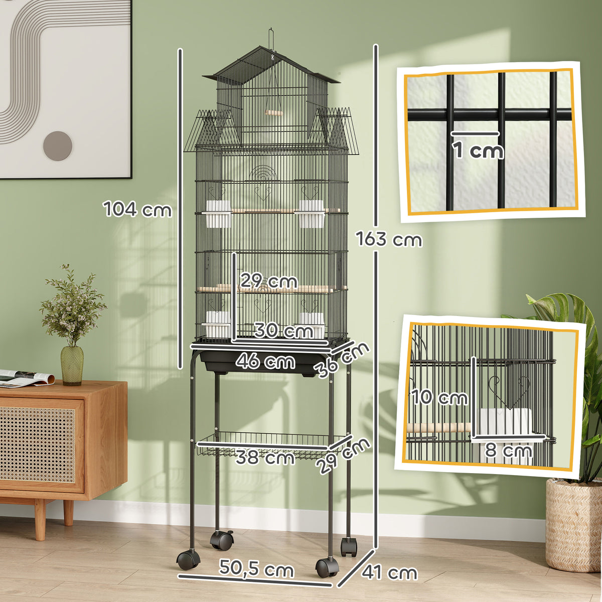 Cage à oiseaux sur pied, volière sur roulettes avec balançoire, support, design maison, 50,5 x 41 x 163 cm en acier noir-2