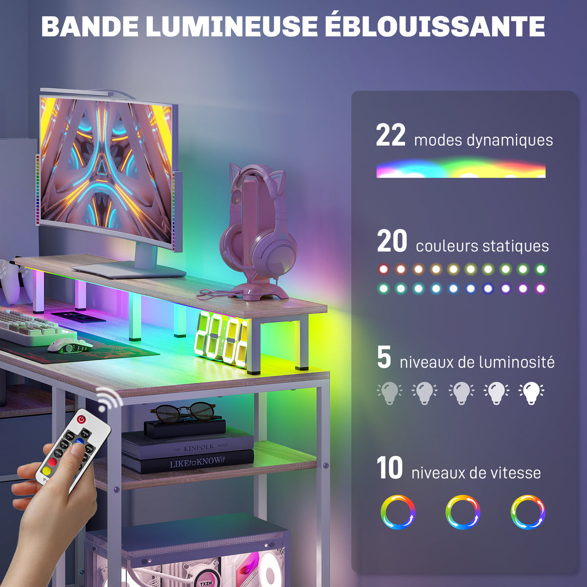Bureau d'ordinateur bureau lumières LED réglables 2 prises ports USB tiroirs étagères 155,5x48x88,5cm effet bois naturel-3