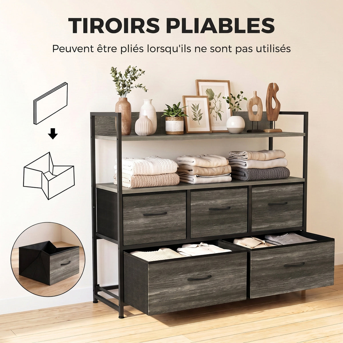 Commode 5 Tiroirs en Tissu Pliables, Meuble de Rangement avec Étagères Ouvertes, Plateau Supérieur, Gris-5