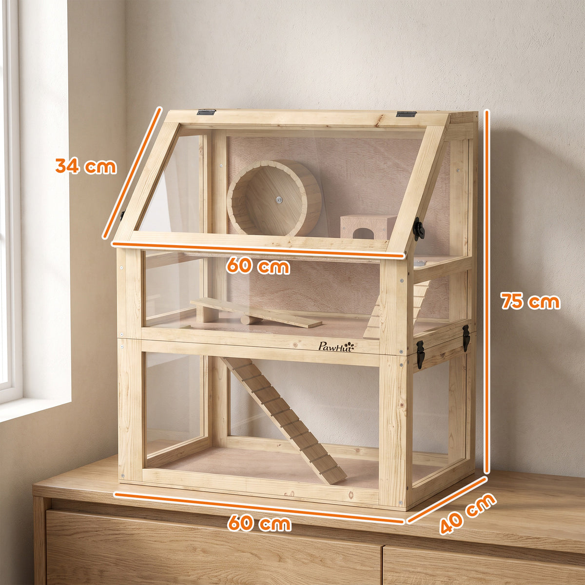 Cage Hamster Rongeur à 3 Niveaux, Fond Amovible, Cabane, Balançoire, 60x40x75cm, Finition Bois Naturel-2