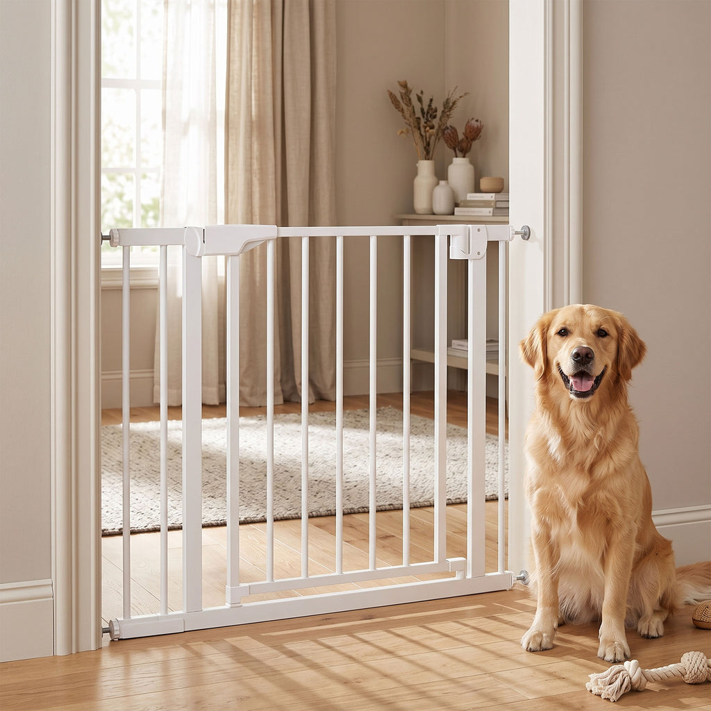 Barrière de Sécurité pour Chiens et Bébés 76 à 88 cm avec Extension, Fixation par Pression sans Perçage, 76 à 88 cm, Blanc-9