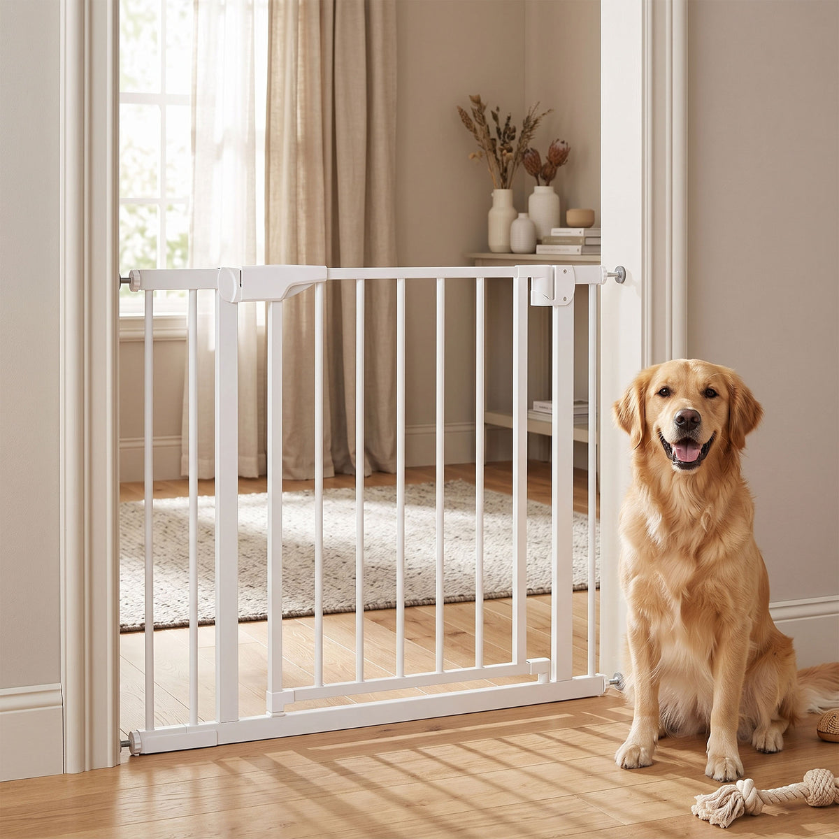 Barrière de Sécurité pour Chiens et Bébés 76 à 88 cm avec Extension, Fixation par Pression sans Perçage, 76 à 88 cm, Blanc-9