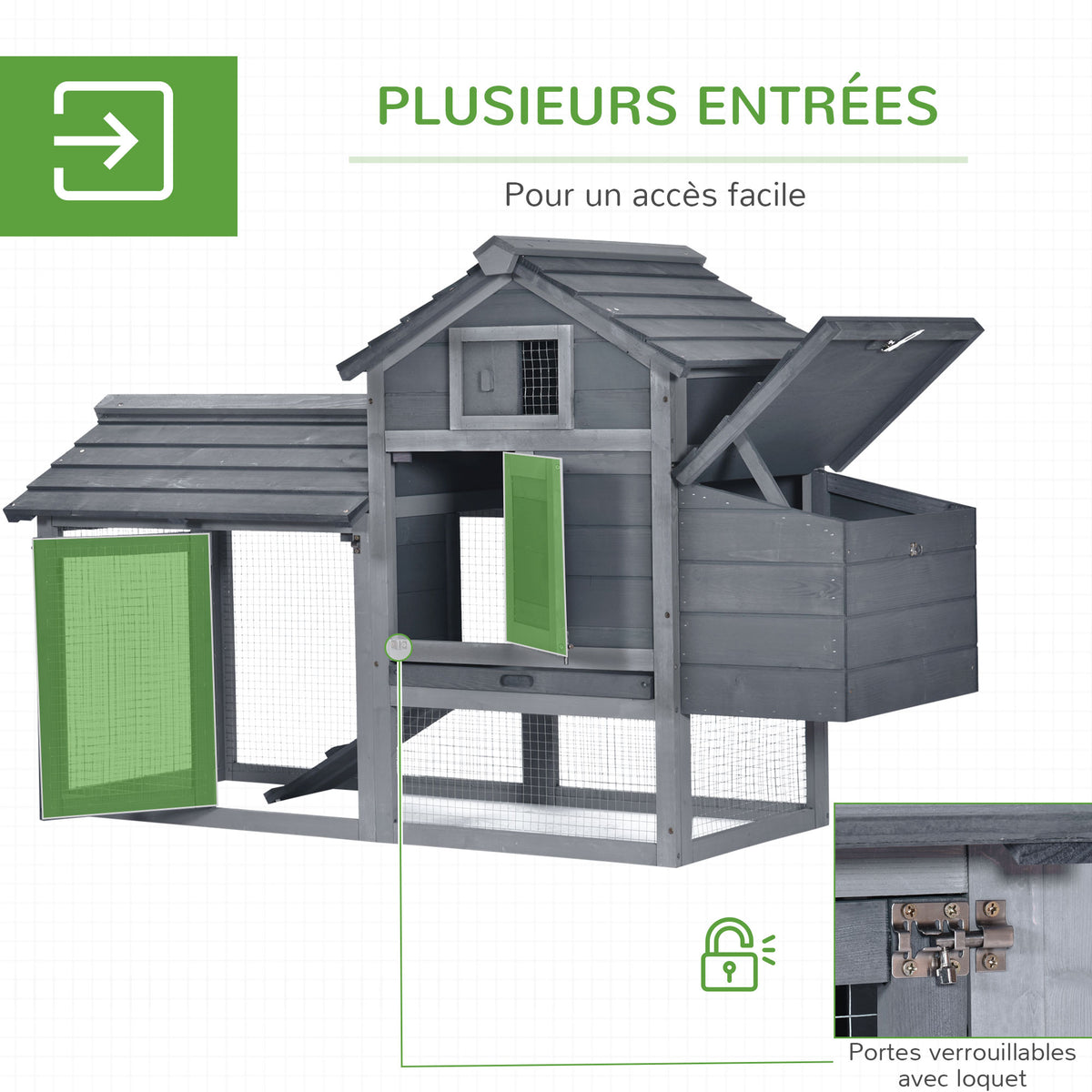 Petit poulailler cottage cage à poules sur pied dim. 150,5L x 54l x 87H cm multi-équipement bois massif de sapin-4