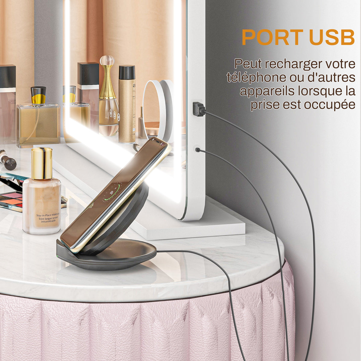 Miroir Lumineux LED intensité 3 modes d'éclairage, grossissement 10X,  port de charge USB, touche tactile - 80 x 62 cm-3