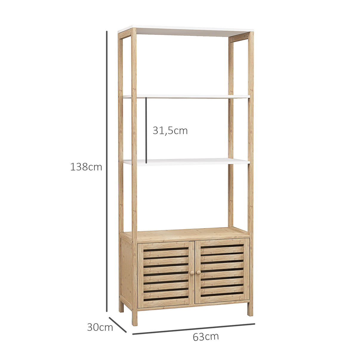 Colonne de salle de bain armoire de rangement en bambou 3 étagères 1 placard 63 x 30 x 138 cm bois naturel et blanc-2