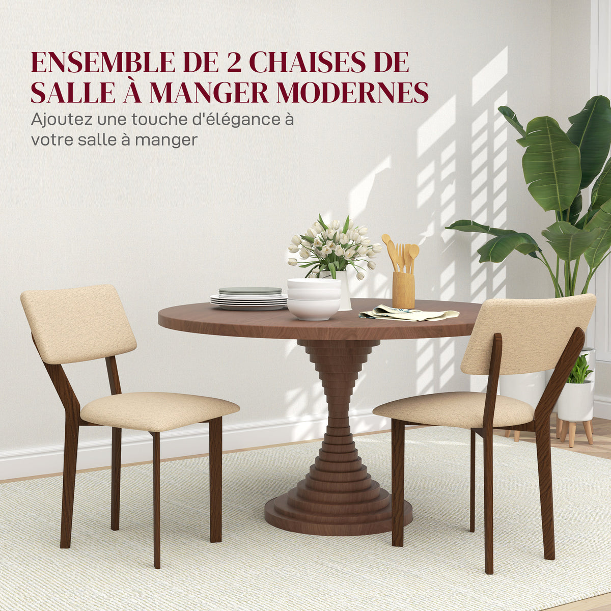 Lot de 2 chaises salle à manger chaises de cuisine avec dossier pieds en bois tissu effet lin 49 x 56 x 85 cm beige-3