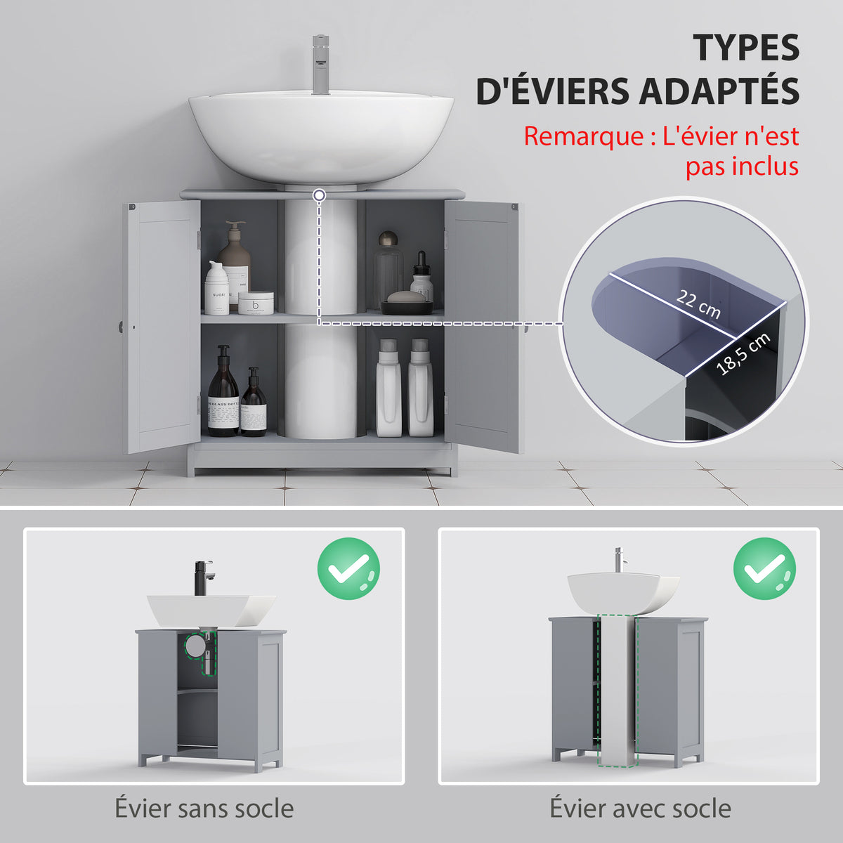 Meuble salle de bain sous lavabo - meuble sous-vasque - placard 2 portes avec étagère 60L x 30l x 60H cm - en bois Gris-3