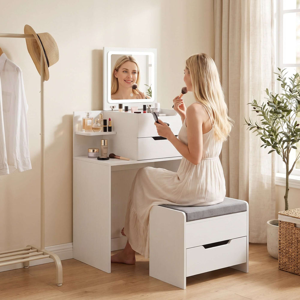 Coiffeuse avec Miroir Rabattable, Tabouret à Roulettes, Siège Rembourré, Tiroir, Étagère, Compartiment, Blanc-8