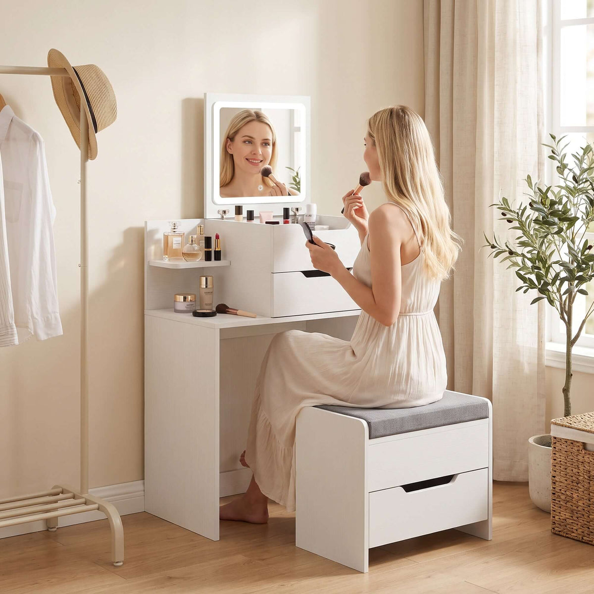Coiffeuse avec Miroir Rabattable, Tabouret à Roulettes, Siège Rembourré, Tiroir, Étagère, Compartiment, Blanc-8