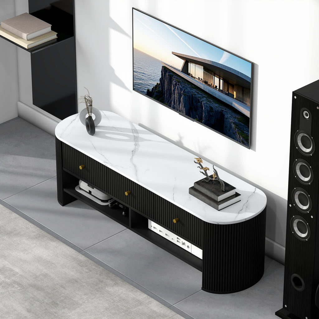 Meuble TV 140 cm, meuble télé pour téléviseur 65 pouces effet marbre avec 3 tiroirs façades à cannelures 2 étagères noir-7