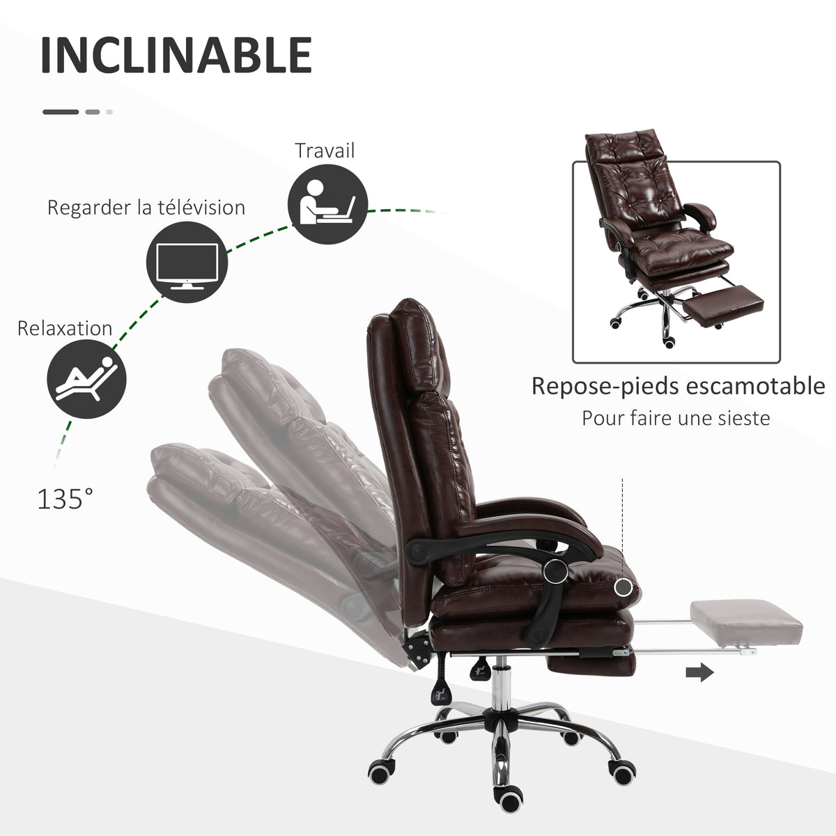 Fauteuil de bureau chaise de bureau ergonomique avec hauteur réglable dossier inclinable repose-pied rétractable marron-4