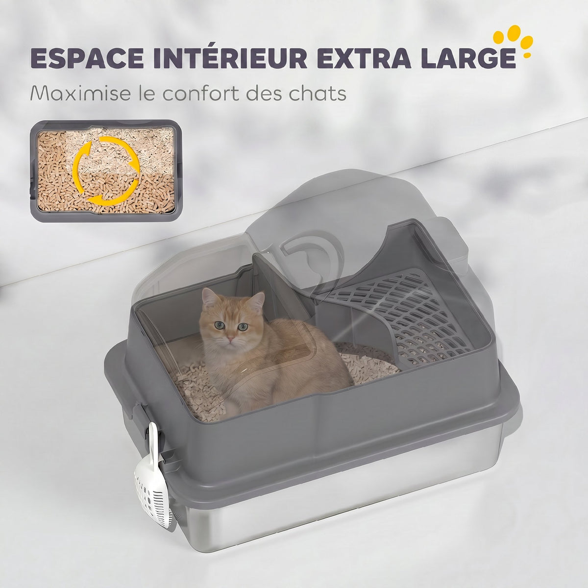 Maison de Toilette pour Chat avec Couvercle Amovible et Fermé, Côtés Hauts, 60,5x40,5x45cm, Gris Foncé-4