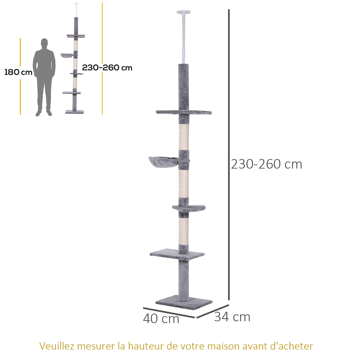 Arbre chat du sol au plafond poteau à griffer L40 x l 34 x H 230-260 cm 5 niveaux d'activités gris-2