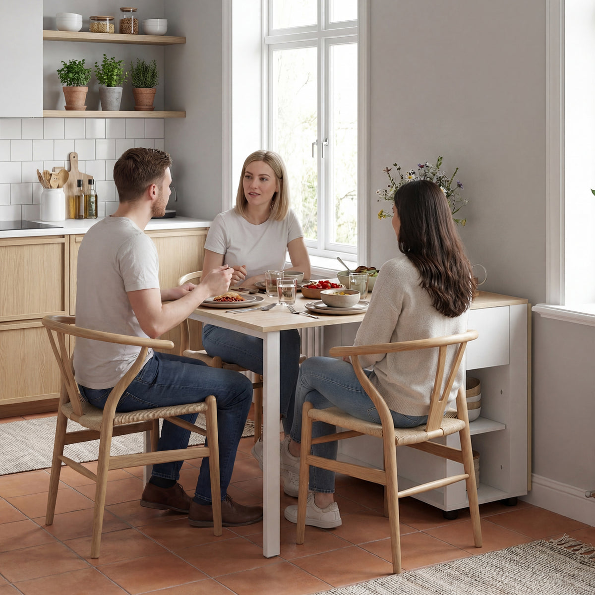 Table à manger pliante pour 6 personnes 39-168 cm, table de cuisine avec 2 tiroirs et 4 étagères ouvertes, blanc-8