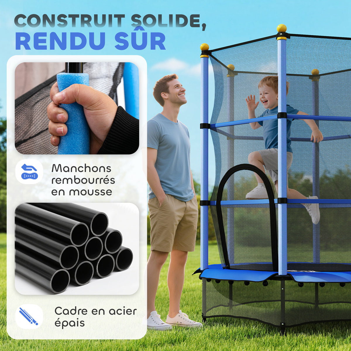 Trampoline Enfant Ø 1,40 × 1,90H m Filet de sécurité Porte zipée Couvre-Ressorts 6 poteaux rembourrés Inclus Bleu-3