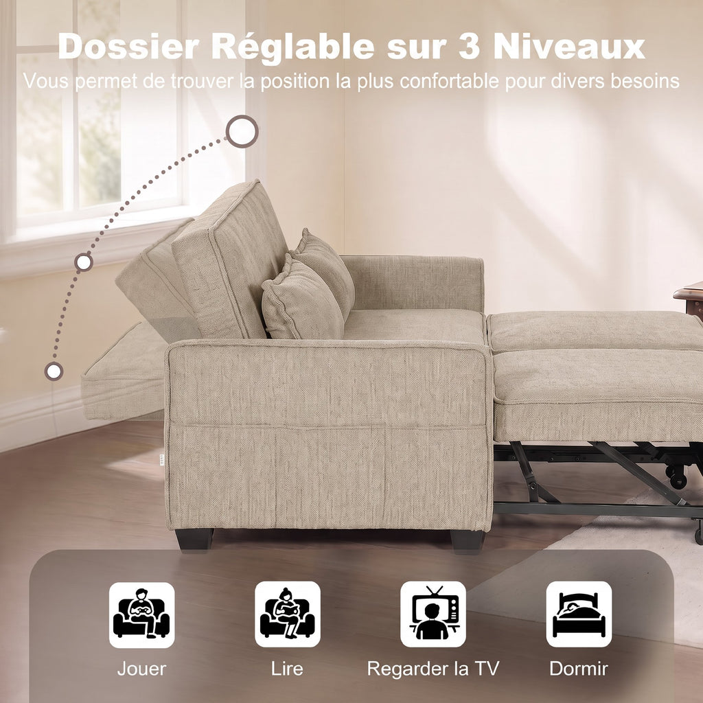 Canapé Convertible 2 Places 4 en 1, Canapé-Lit d'Angle en Chenille 167cm, Dossier Réglable, Assise Large, Marron-4