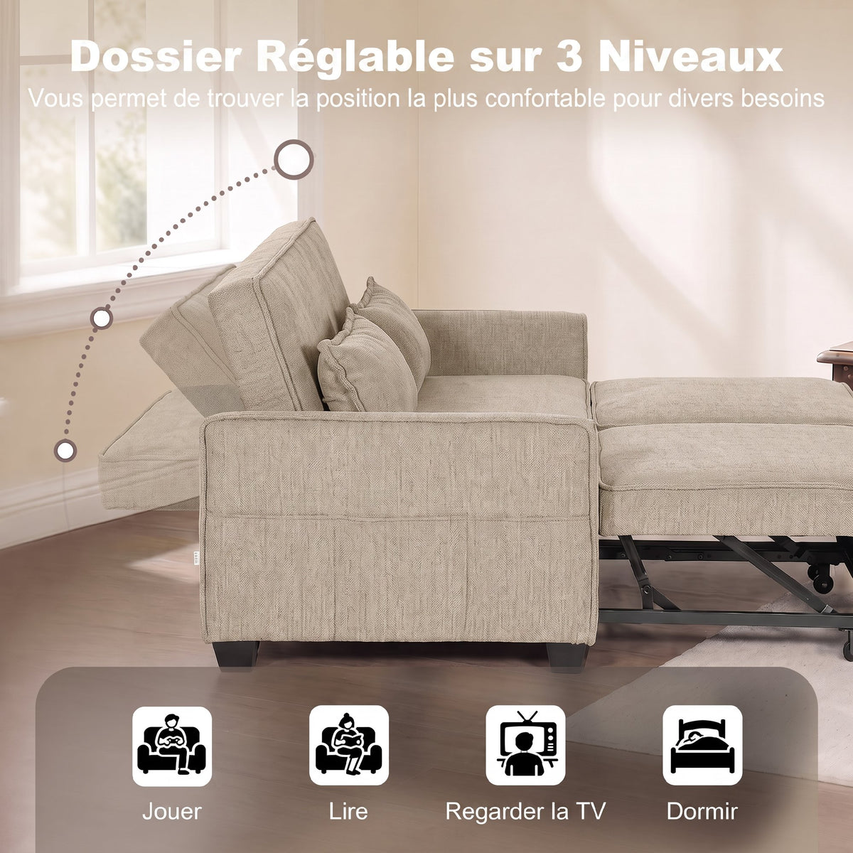 Canapé Convertible 2 Places 4 en 1, Canapé-Lit d'Angle en Chenille 167cm, Dossier Réglable, Assise Large, Marron-4