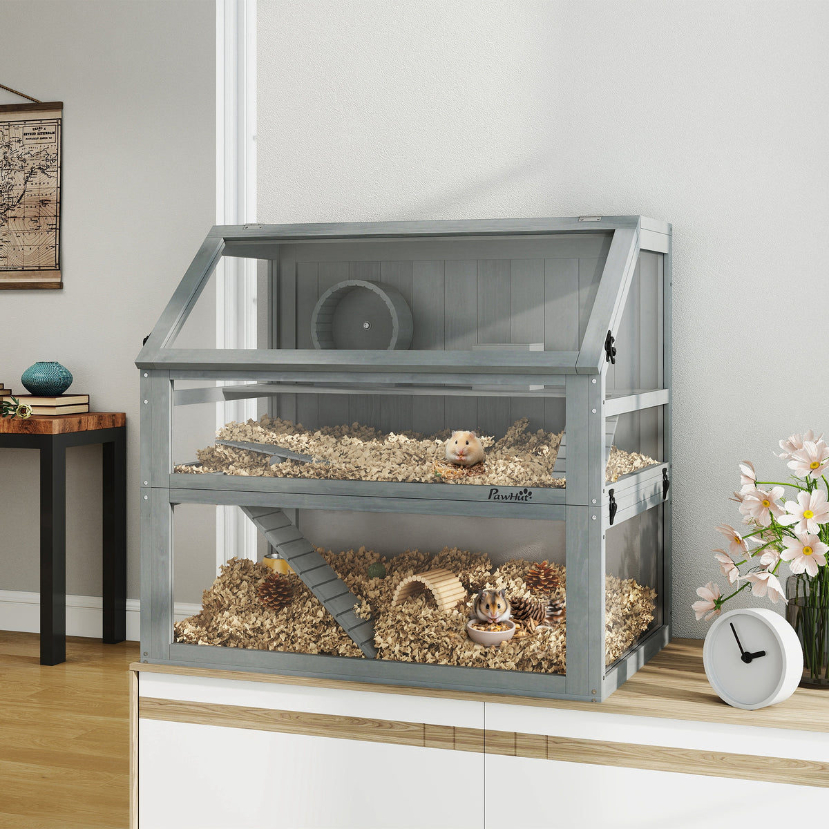 Cage Hamster Rongeur à 3 Niveaux, Base Amovible Profonde, Cabane, Balançoire, 80x50x76cm Gris Clair-9