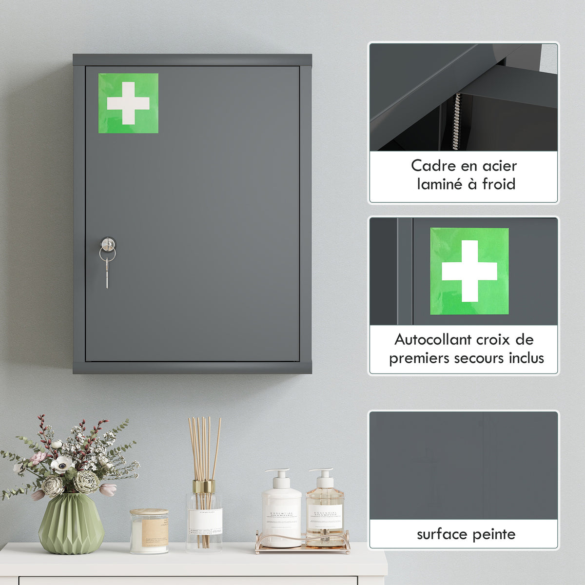 Armoire à pharmacie murale en acier, armoire à médicaments à 3 niveaux porte verrouillable 2 clés, 40x15x53,5cm, gris-5