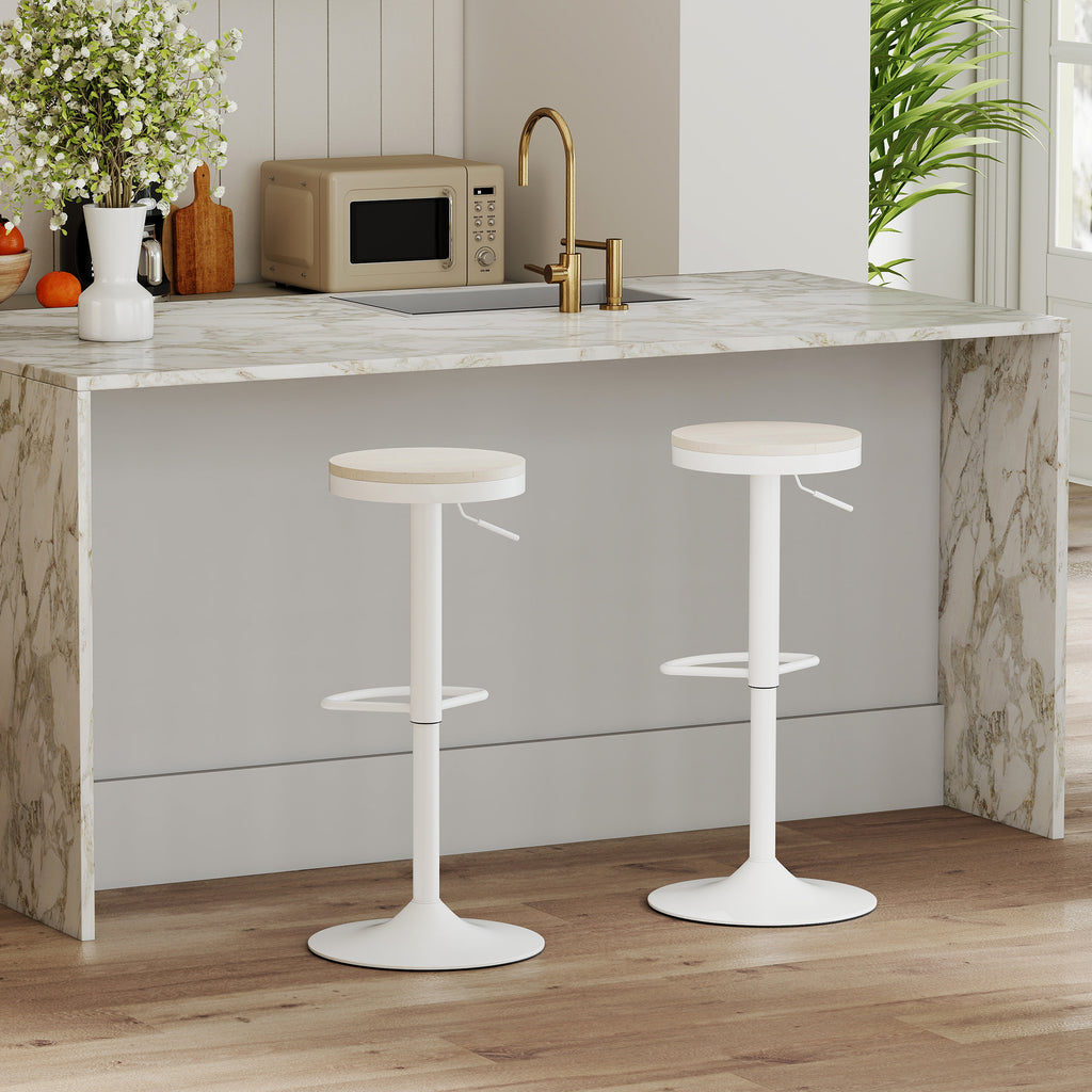 Lot de 2 tabourets de bar, chaises de bar pivotantes avec assise en hévéa, hauteur réglable et repose-pieds, blanc-9