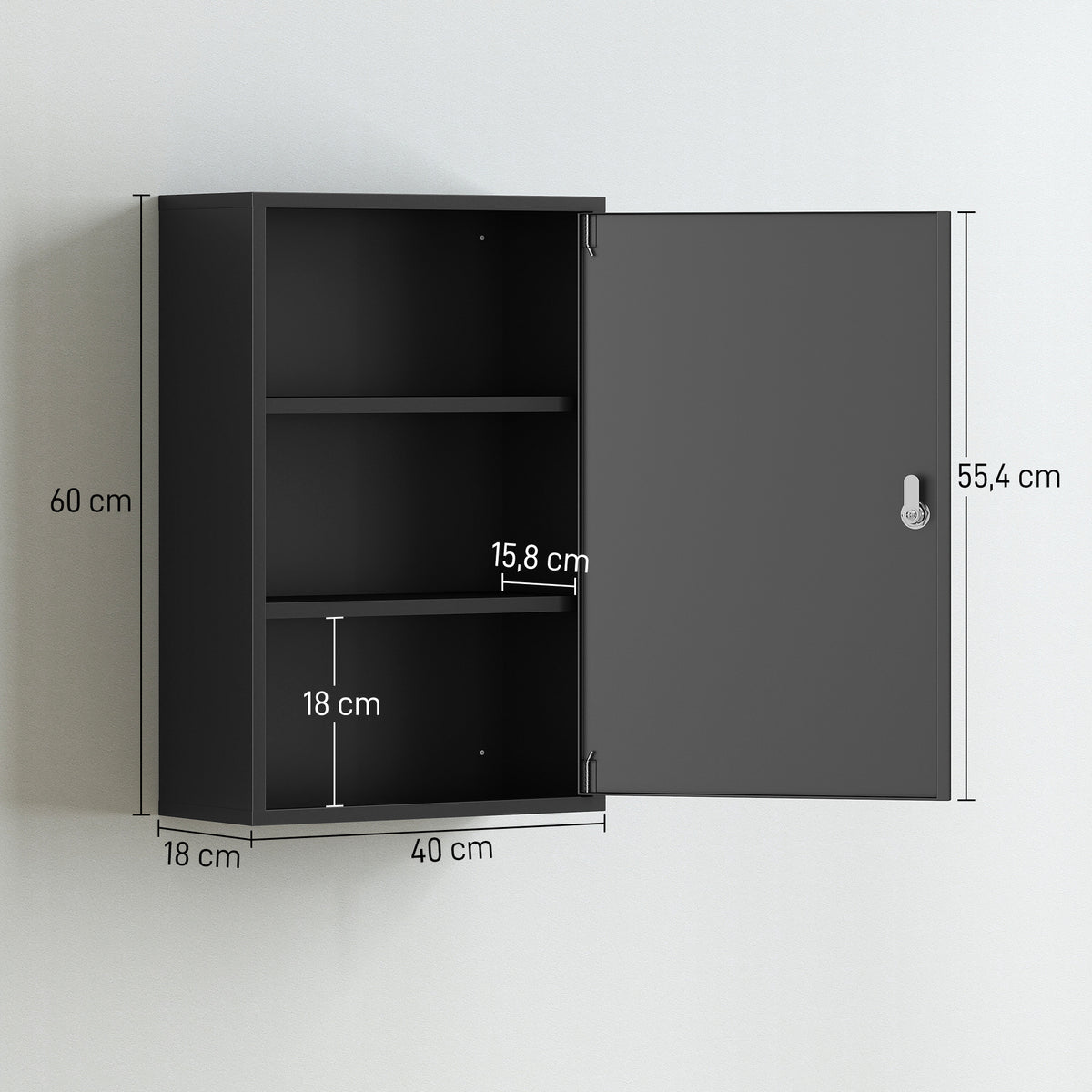 Armoire à Pharmacie 2 Étagères 3 Niveaux Verrouillable, Dim. 40L x 18l x 60H cm, 2 Clés, Métal, Noir-2