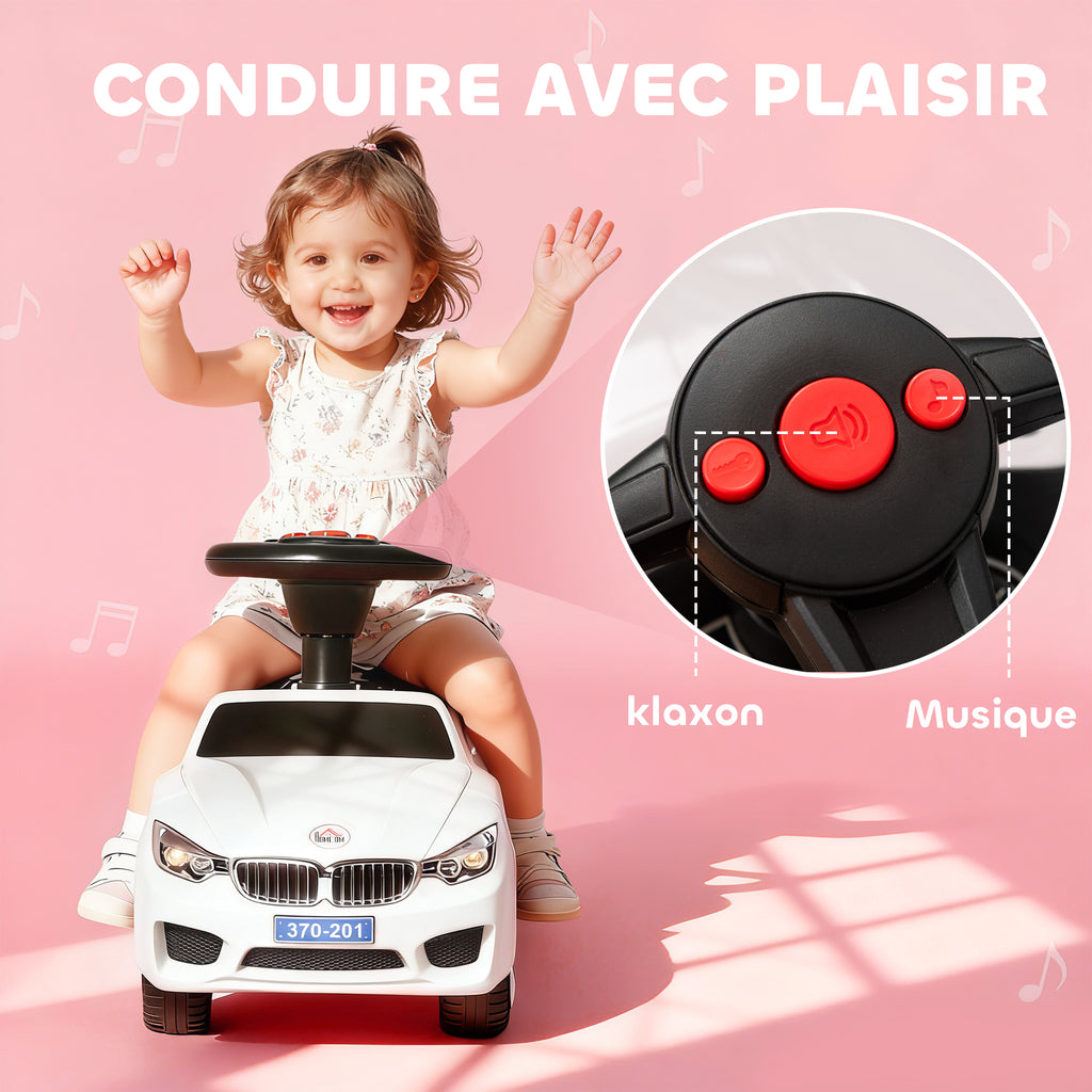 Porteur enfants voiture, véhicule à pousser avec coffre à jouets, klaxon, phares et musique, 63,5 x 28 x 36 cm, blanc-8