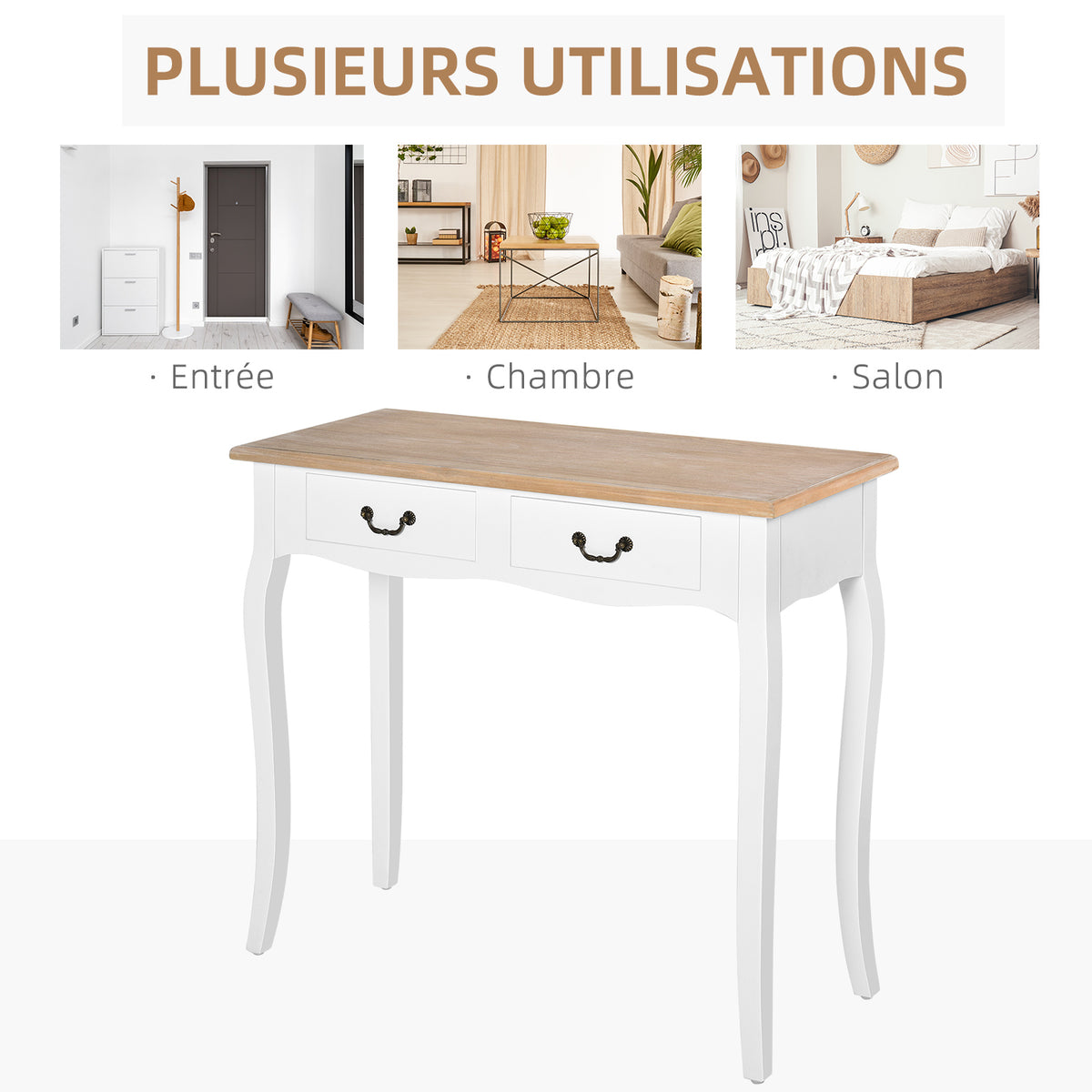 Table Console Table d'entrée Bout de Canapé Style Mexicain 2 tiroirs dim. 87L x 34l x 78H cm MDF Bois Massif pin Clair Blanc-6