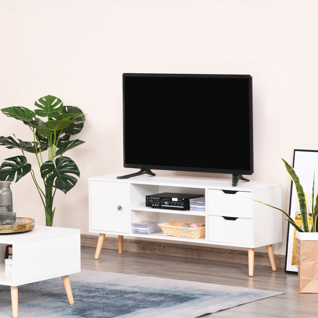 Meuble TV Banc TV Style scandinave Placard 2 niches 2 tiroirs Passe-Fils Panneaux Particules Blanc Bois pin-1