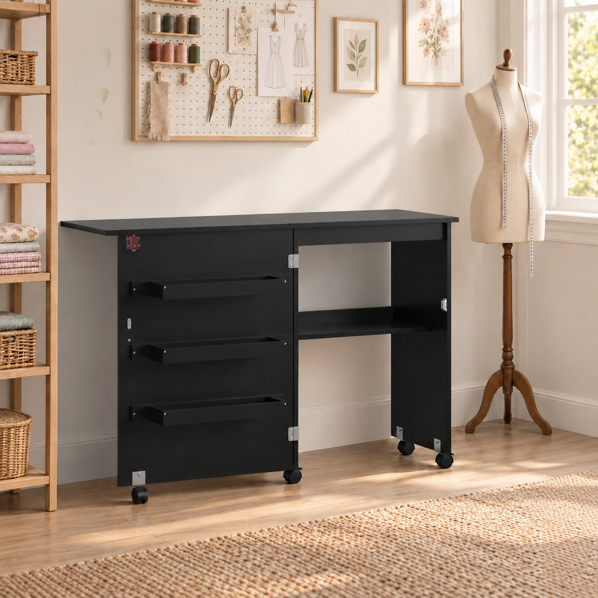 Table de couture pliante meuble couture à abattant avec bacs de rangement, étagère ouverte et roulettes, noir-1