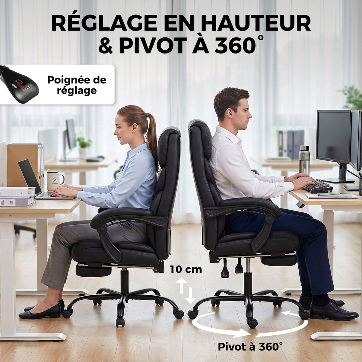 Chaise Bureau Ergonomique Inclinable, Fauteuil de Bureau en PU, Accoudoirs Synchronisés, Hauteur Réglable, Noir-6