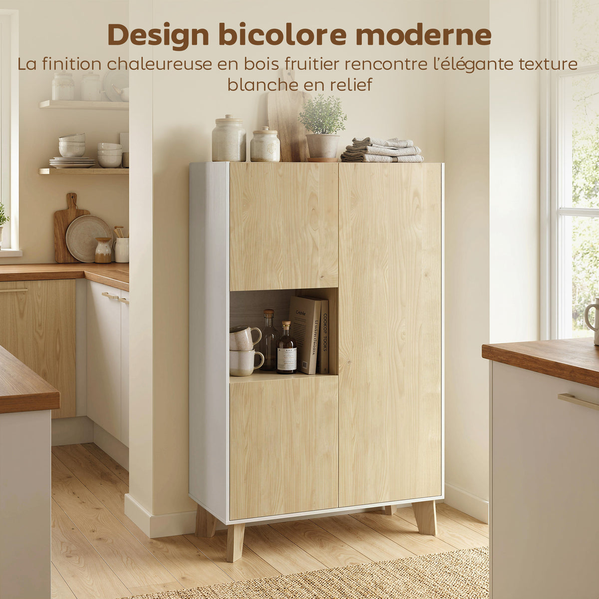 Buffet salon, meuble de rangement à 6 compartiments et portes à fermeture amortie, 80x40x135cm, blanc et bois naturel-3