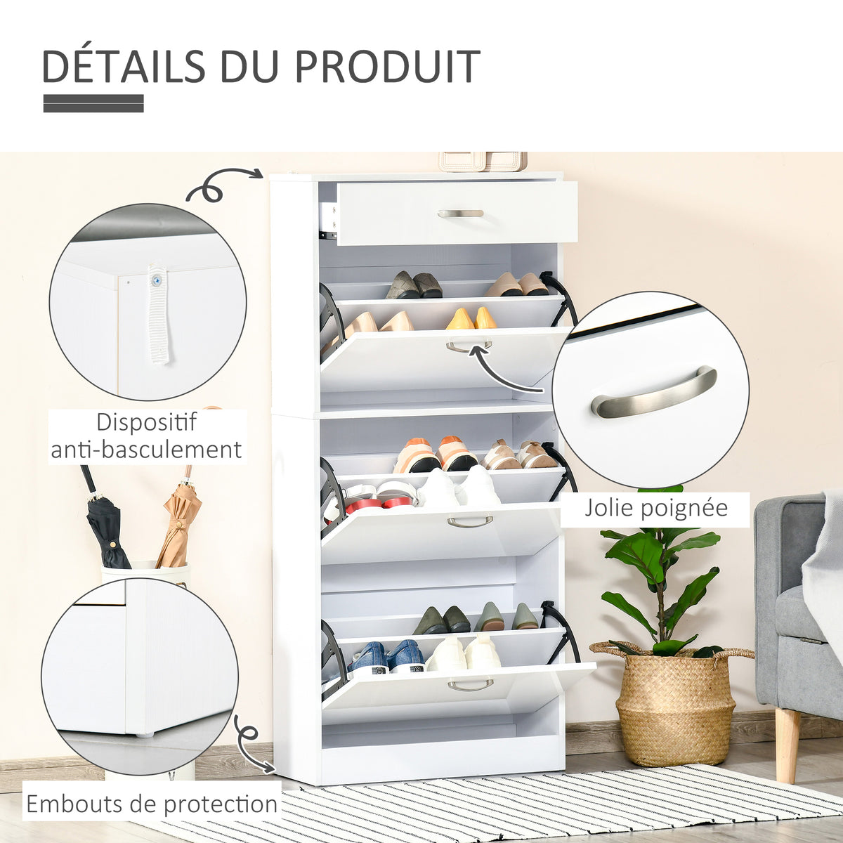 Meuble à Chaussures - 3 Portes abattantes et tiroir Coulissant - dim. 62L x 24l x 135H cm Blanc-5