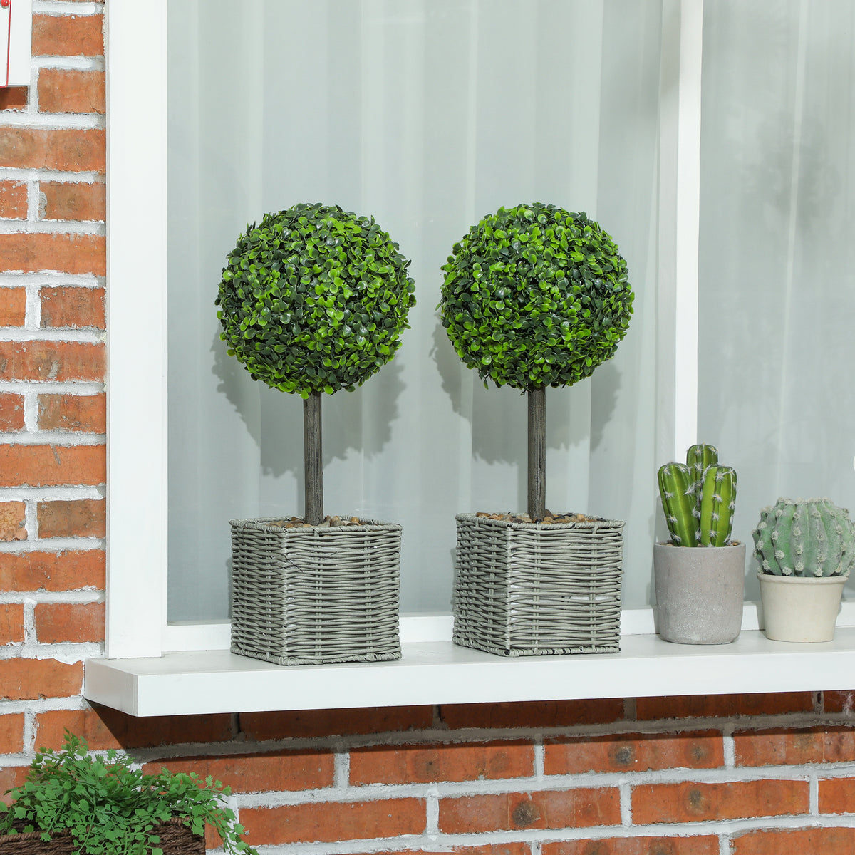 Lot de 2 plantes artificielles décoratives, boules de buis artificiel 50 cm avec pot en plastique tressé et galets, vert-1