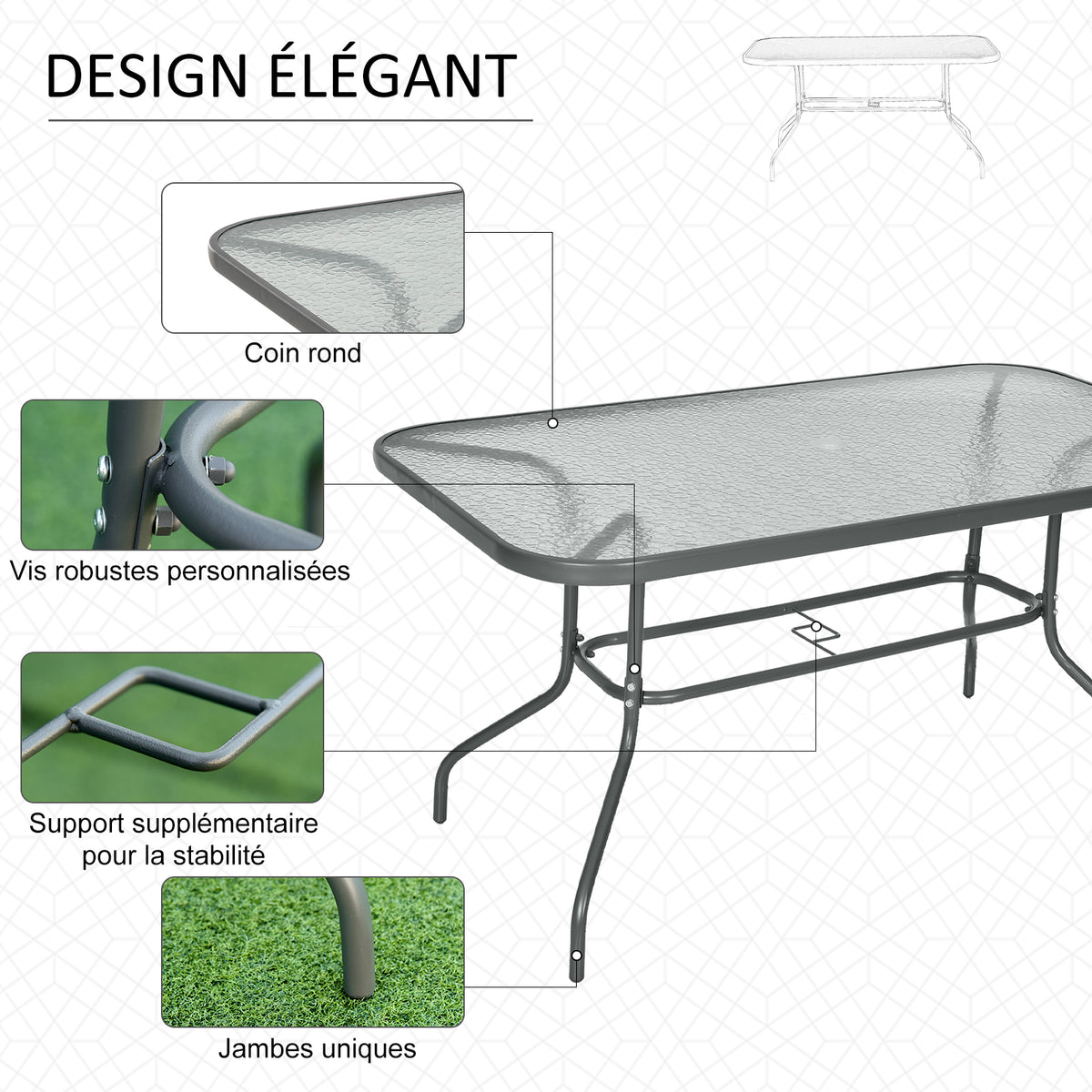 Table de Jardin rectangulaire dim. 140L X 80l x 70H cm métal époxy Gris Plateau Verre trempé-4