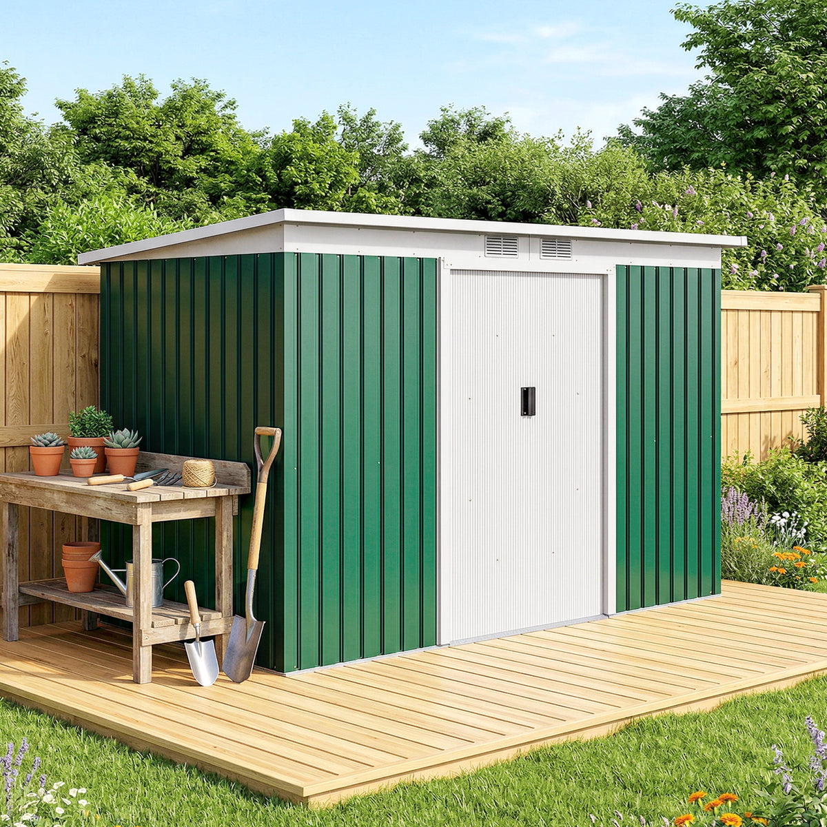 Abri de jardin 3,6 m² 280 x 130 x 172 cm kit de fondation porte coulissante ventilations acier galvanisé vert foncé-1
