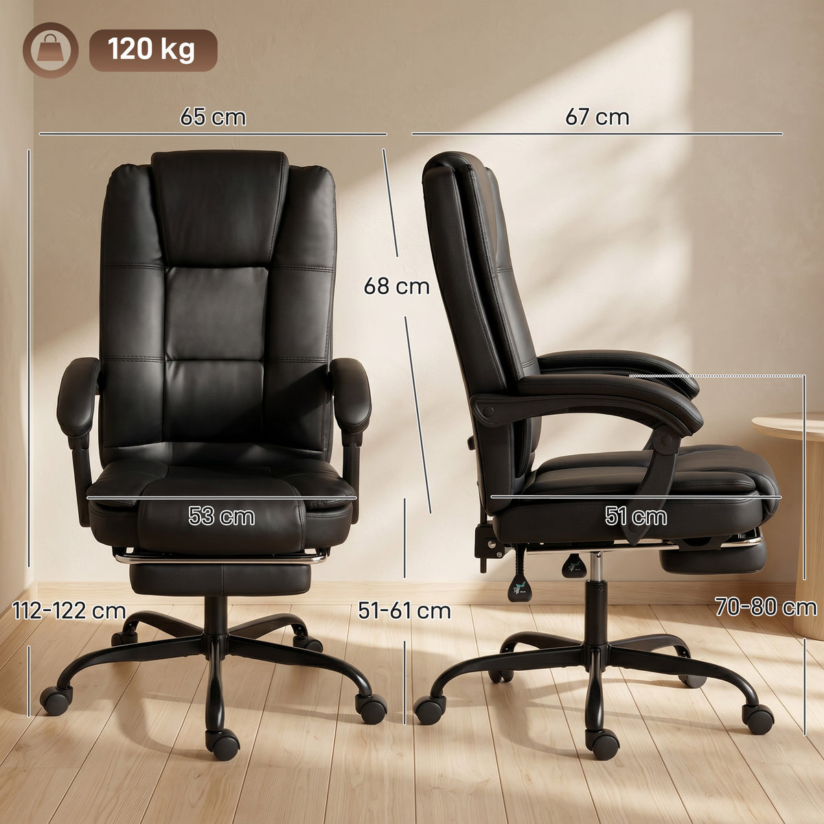 Chaise de bureau ergonomique, fauteuil de bureau inclinable en pu avec repose-pieds rétractable, hauteur réglable, noir-2