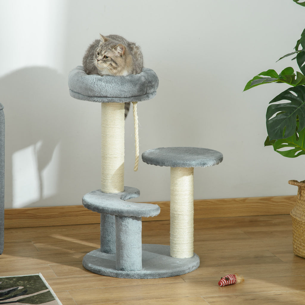 Arbre à chats 2 griffoirs grattoirs sisal naturel 3 plateformes corde à grimper dim. Ø 40 x 65H cm peluche haute densité 500 g/m² gris-1
