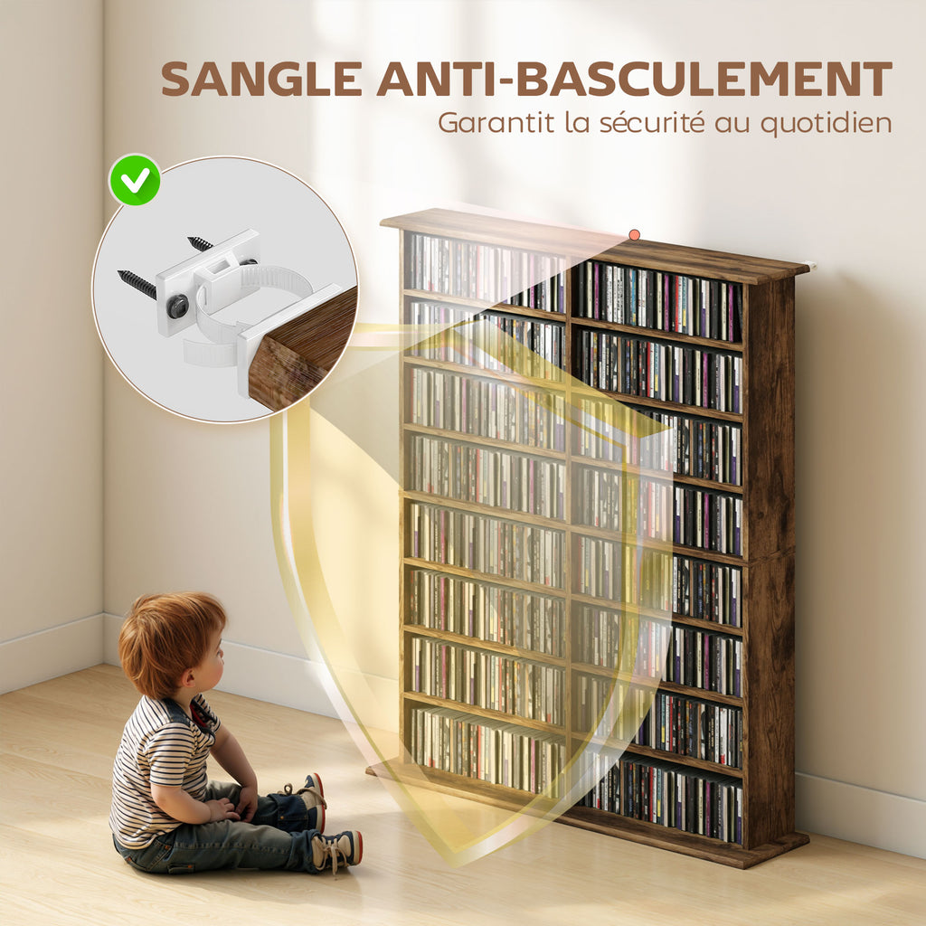 Rangements pour CD et DVD avec 16 compartiments et 12 étagères réglables capacité max. 720 CD/396 DVD et Blu-ray marron-5