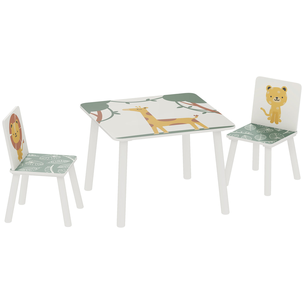 Table enfant avec chaise, ensemble table et 2 chaises enfant en bois, motifs animaux, 60 x 60 x 44 cm, vert-0