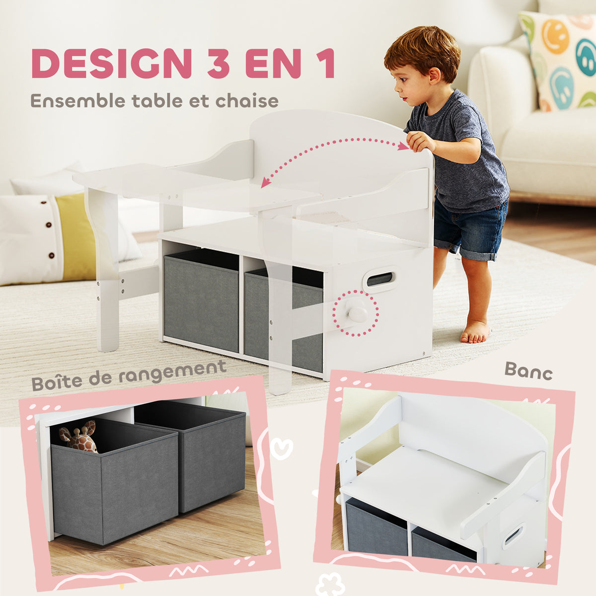 Coffre à jouet enfant 3 en 1, ensemble table et chaises avec 2 bacs en tissu amovibles, 67,5 x 46,5 x 56,7 cm, blanc-3
