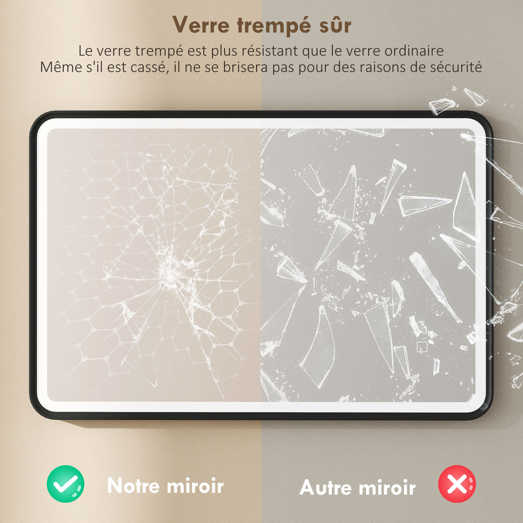 Miroir salle de bain avec éclairage 90 x 60 cm, miroir LED mural, anti-buée, 3 couleurs lumière, dimmable, noir-6