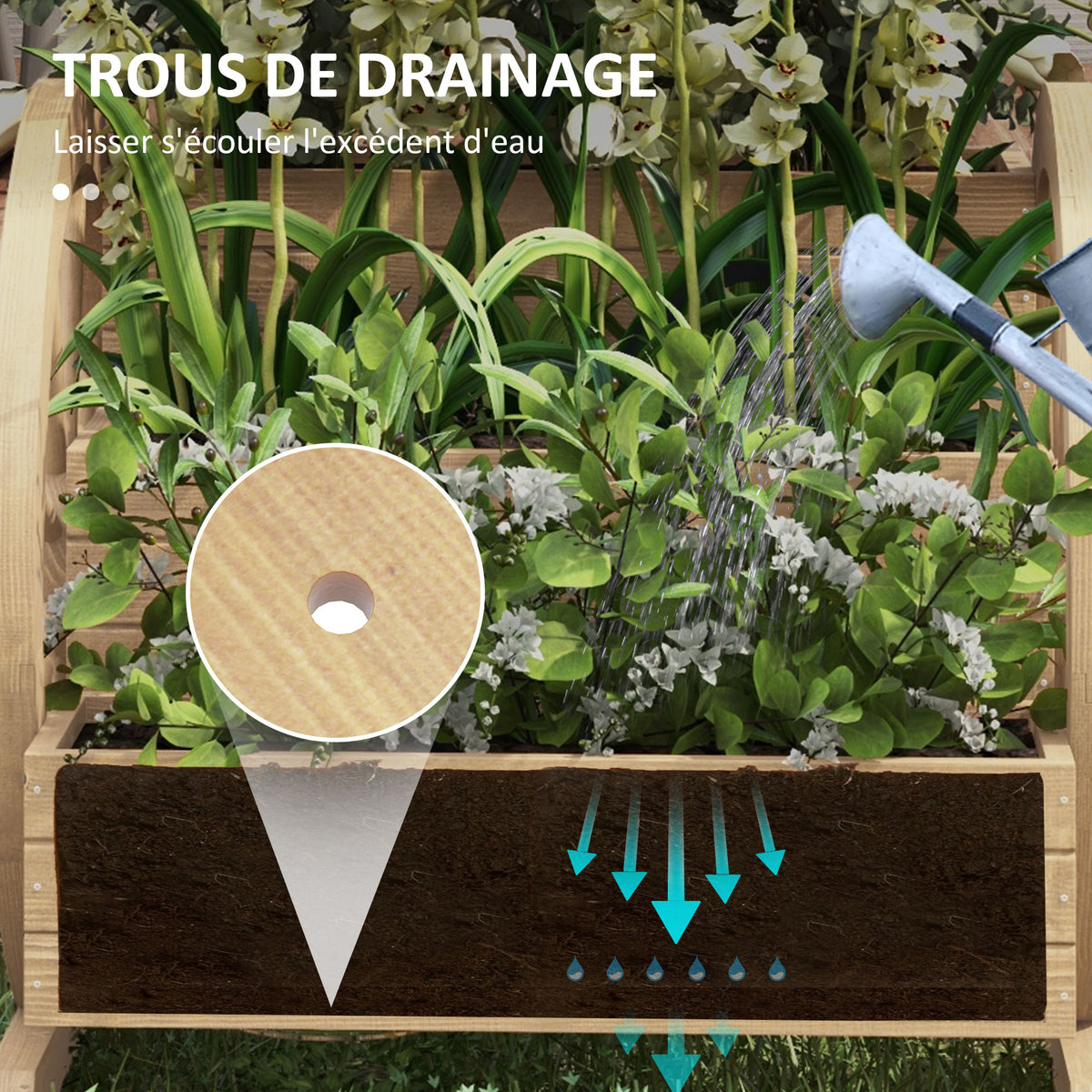 Jardinière sur Pieds carré Potager 3 étages avec 2 roues Charrette Bois Sapin, dim. 62L x 61l x 57H cm-4