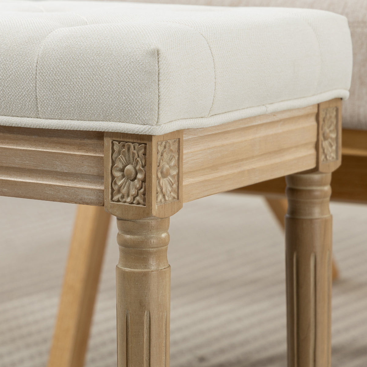 Repose pied salon, ottoman, siège rembourré en tissu aspect lin avec pieds en bois d'hévéa, 42 x 32 x 46,5 cm, beige-7