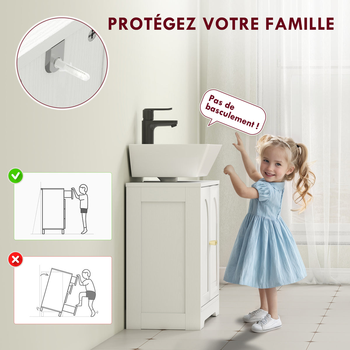 Meuble sous lavabo salle de bain avec placard à portes et étagère réglable, pour bassin avec ou sans pédestal, blanc-5