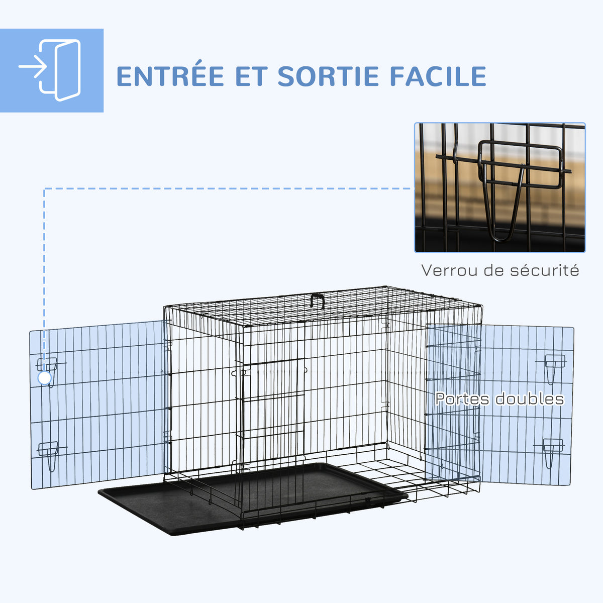Cage caisse de transport pliante pour chien en acier 2 portes verrouillables 106L x 71,5l x 76H cm noir-3